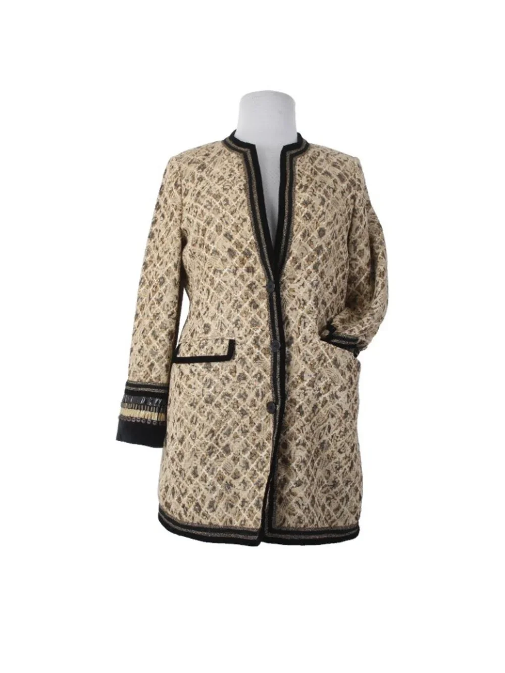 Chicos Jacket Sz 2 Tan Black Buttons Pockets Rayon Polyester Metallic Jacket - Picture 2 of 10